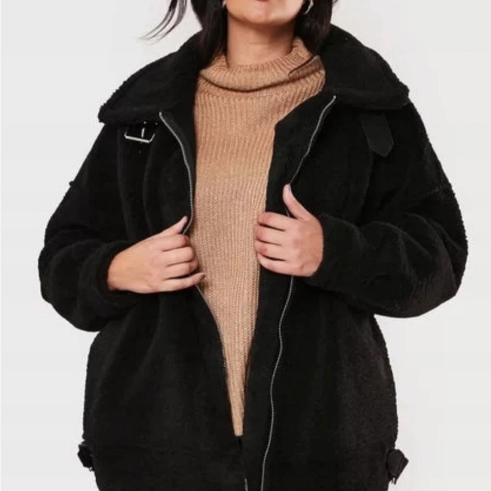 Missguided Black Aviator Teddy Mid-Length Coat, Size US 18